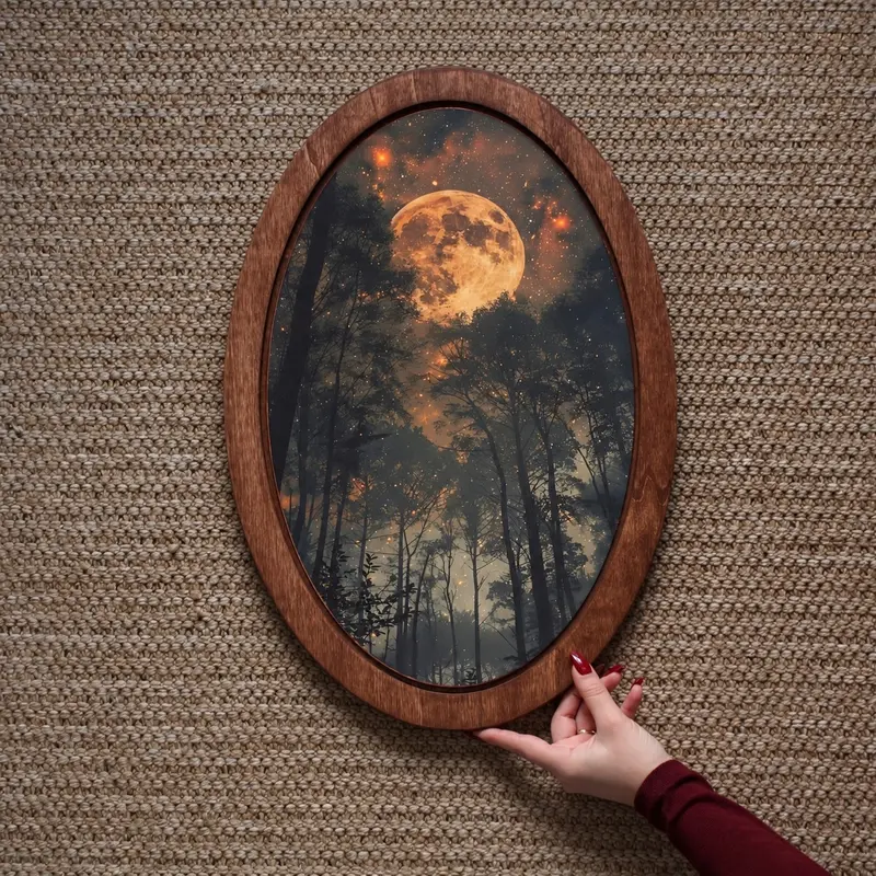 Enchanting Full Moon Painting, 30cm Oval Wooden Wall Plaque, Celestial Gothic Artwork for Above the Bed, Bedroom, and Living Room, Gothic Wall Decor