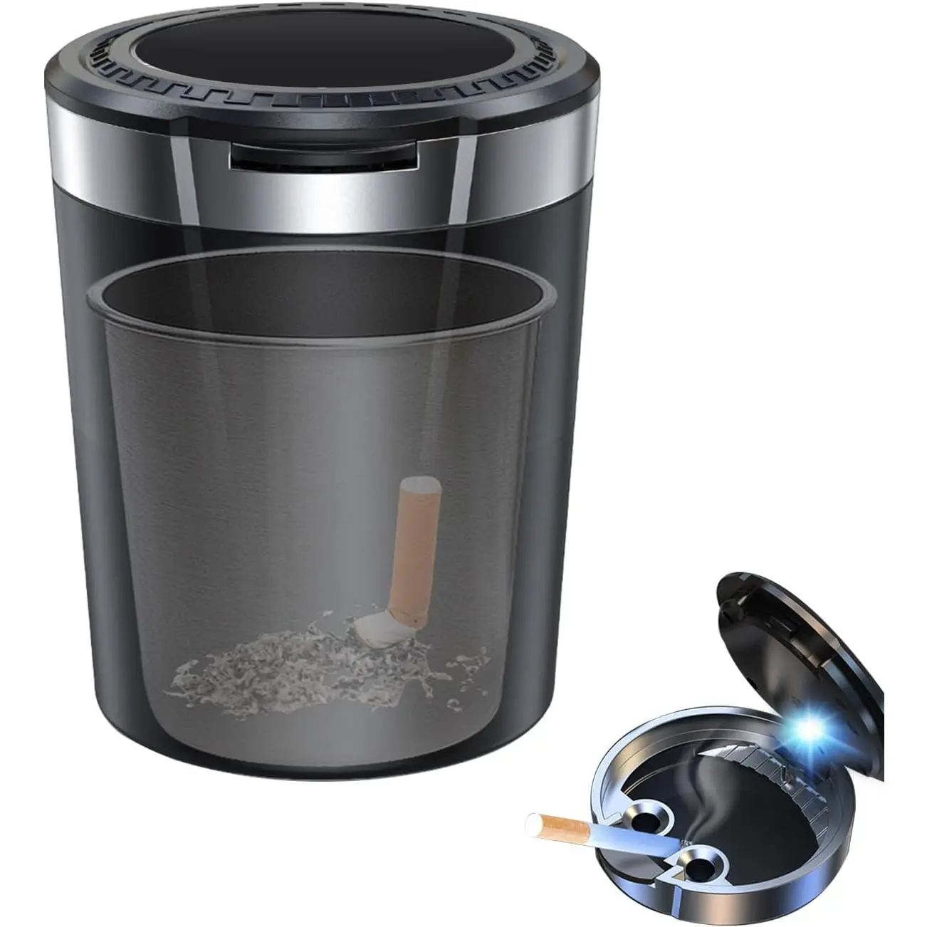 LED Light Detachable Stainless Steel Car Ashtray with Lid - 4.33x2.75in, Smell Proof, Smoke Control, Cup Holder Fit, Easy Detach, for Automotive & Office Use (Black)