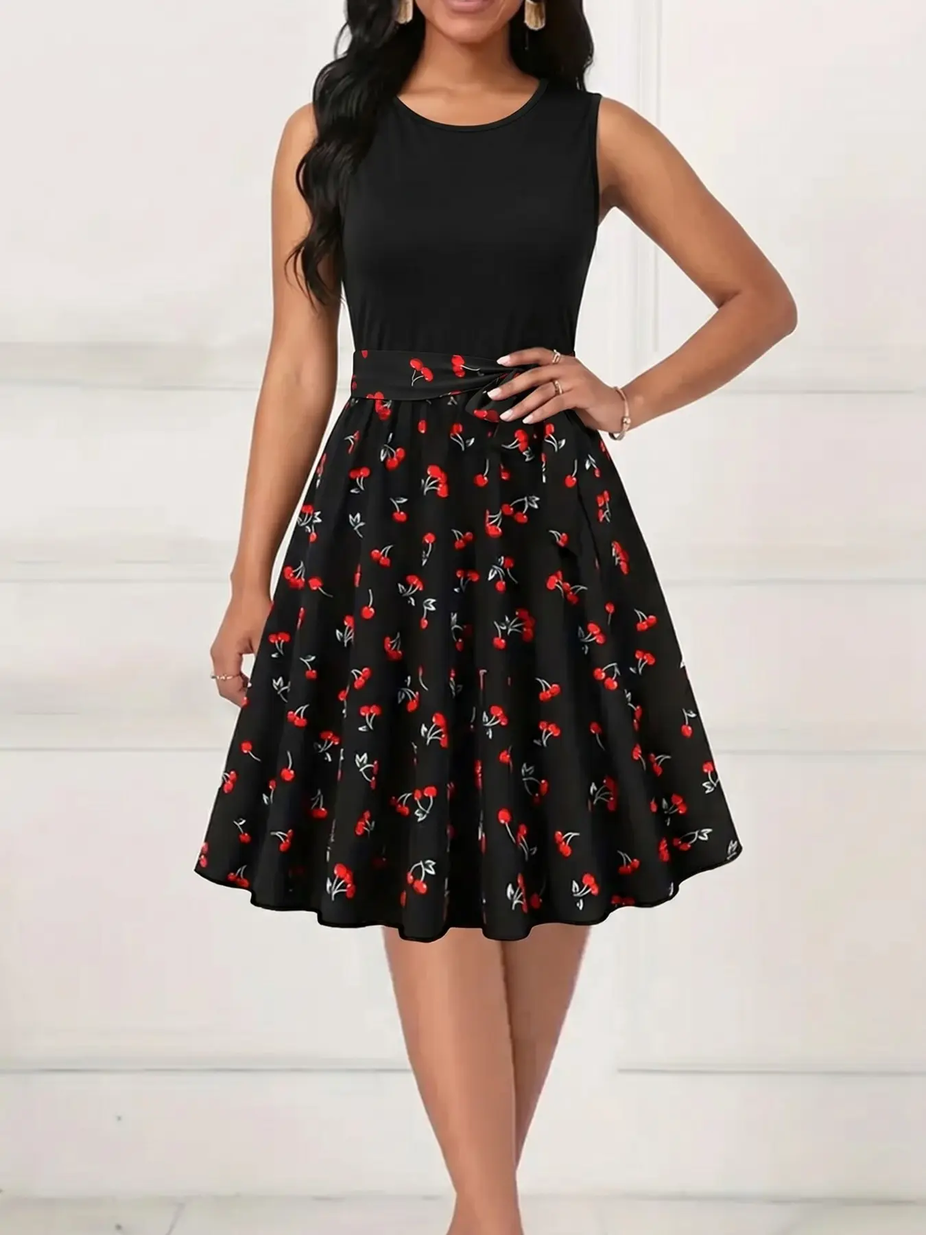 Sleeveless Round Neck Cherry Print Midi Dress, Self Tie Belt, Vintage Fruit Floral Swing Dress, Summer Casual Party