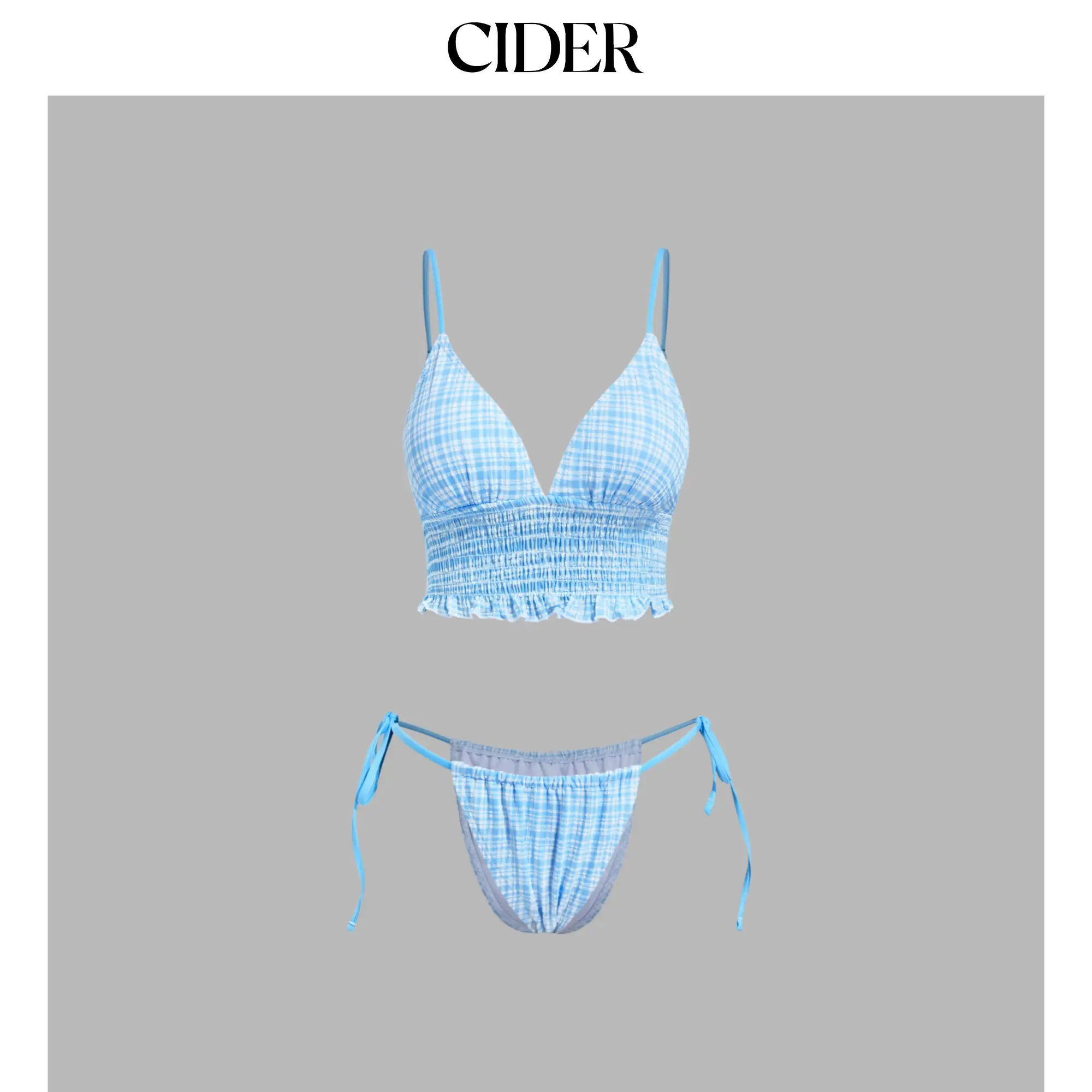 Cider V-neck Tartan Shirred Triangle Tie Side Bikini Set