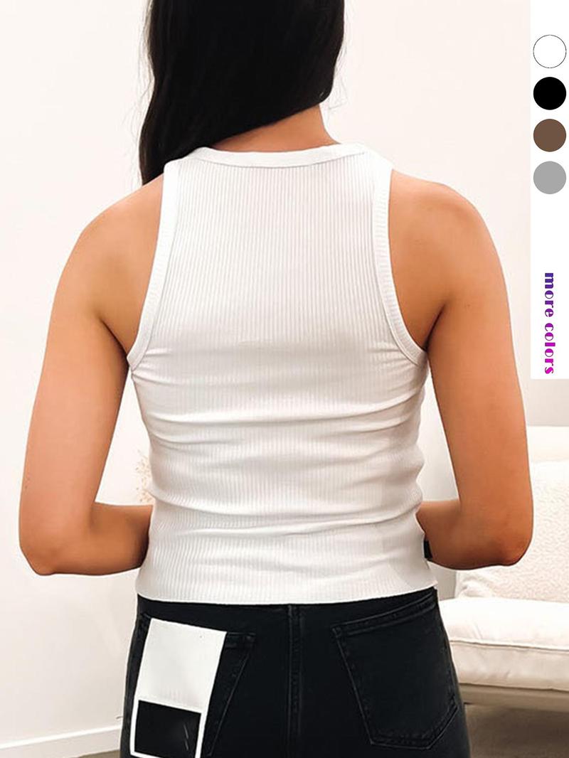 Women's Solid Ribbed Tank Top, Casual Sleeveless Round Neck Top for Daily Wear, Ladies Clothes for All Seasons, Casual Comfy Vest