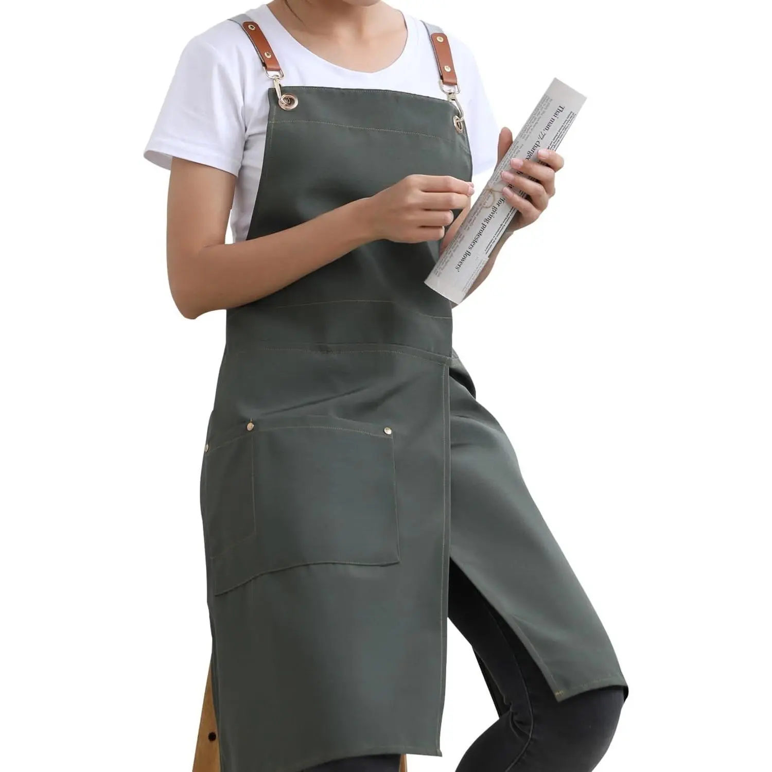 Pottery Split Leg Apron, Cross Back Chef Apron with Pockets, Adjustable Straps Painting Apron for Cooking Baking BBQ Ceramic Gardening (Army Green)