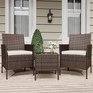 3PCS Outdoor Furniture Set, PE Rattan Wicker Chairs w/ Soft Cushions & Tempered Glass Coffee Table for Garden, Backyard, Porch, Poolside (Brown / Beige)