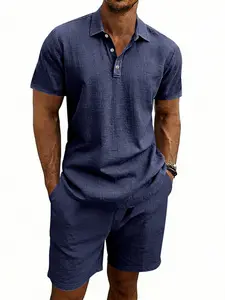 Men's linen Polo shirt and shorts set, with retro button-front design, comfortable old money style, a summer casual and breathable two-piece set, suitable for vacations and daily wear, fashionable and trendy versatile clothing.