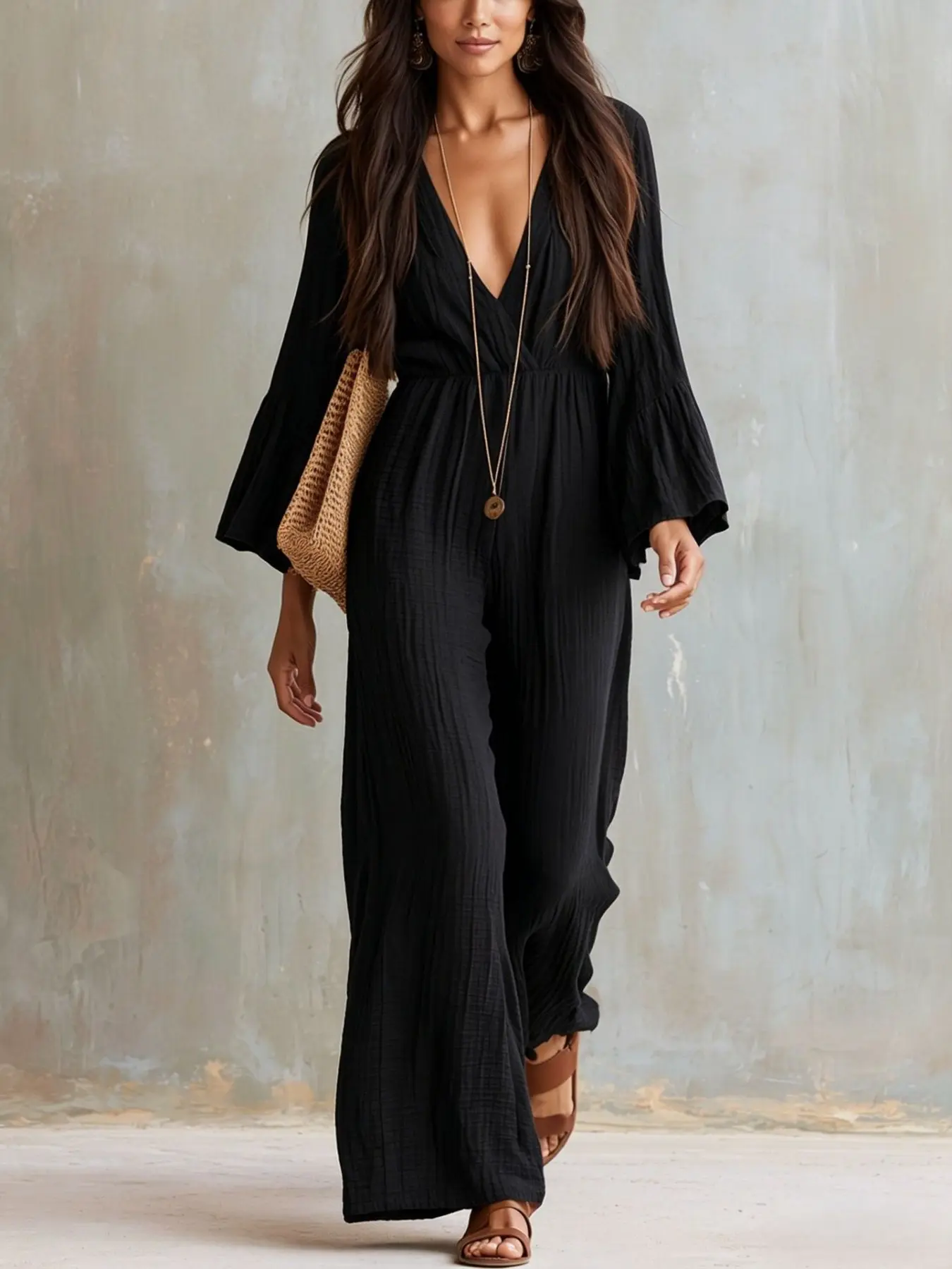2026 New Bohemian Style V-Neck Loose Wide Leg Romper for Women, Long Sleeve Slimming Casual Pants, European and American Fashion, Chic, Boho