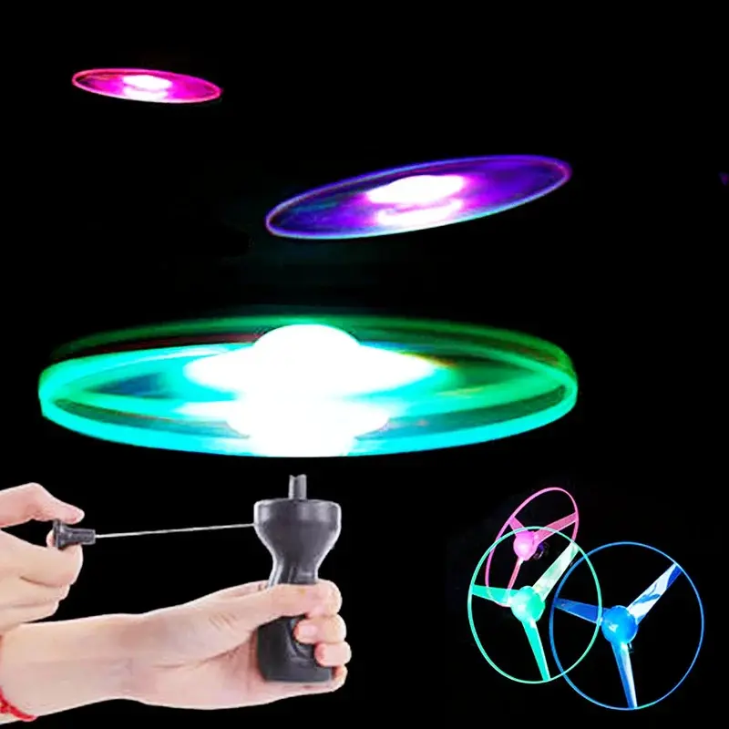 Luminous Flying Disc Propeller Toys LED Lighting Pull String Flying UFO Toy Spinning Top Outdoor Game Sports Toy Gift