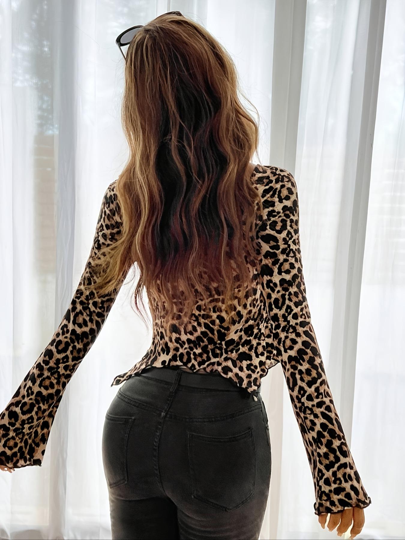 Women's Leopard Print Drawstring Short Fitted Blouse Top, Spring & Fall Thin Long Sleeve Shirt, Comfortable Fabric, Elegant, Chic, Feminine and Sexy Style