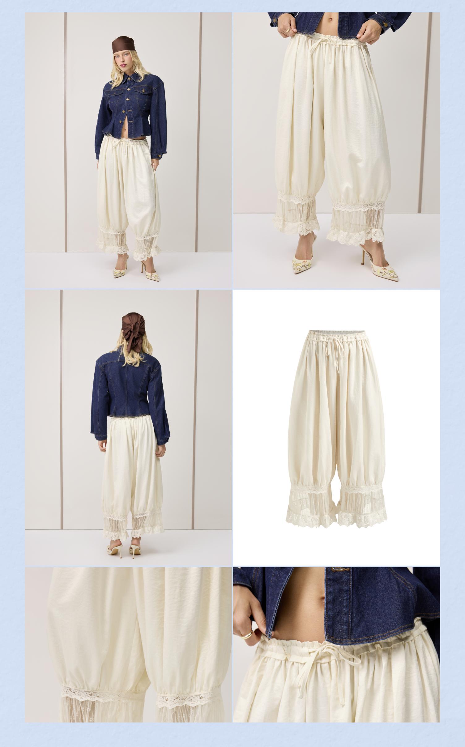 Cider Mid Rise Lace Patched Drawstring Cropped Bloomer Pants