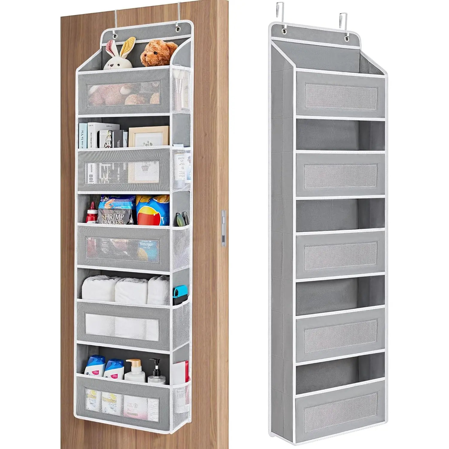 Over The Door Organizer 5 Shelf 5 Large Capacity Pockets Anti Tilt 44 lb Load Bedroom Bathroom Pantry Nursery Storage Grey