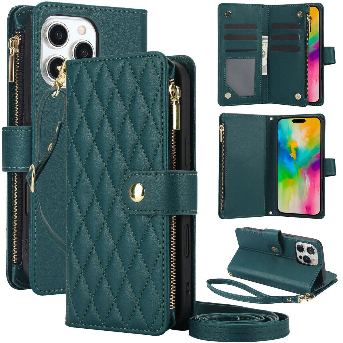 HISTORYOO For iPhone 17 Pro Max 16 15 Plus 14 13 12 Pro Wallet Case Crossbody PU Leather Cash Slot Zipper Purse with Credit Card Slot Holder Carrying Handbag Stand Phone CaseAdjustable Lanyard Detachable Strap Wrist for Women Ladies