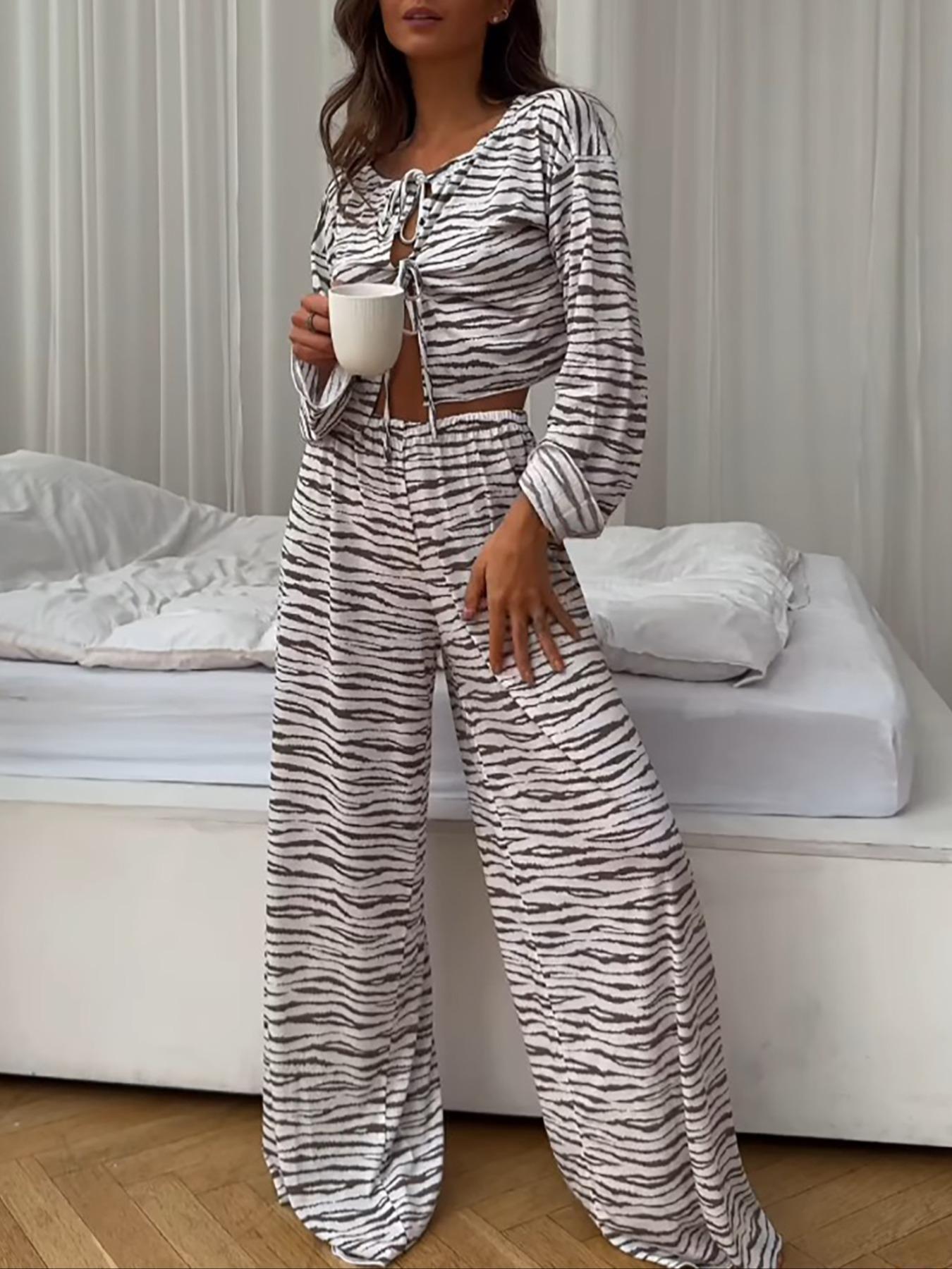 Two-Piece Set Women's Zebra Stripe Print Tie Front Crop Top & Elastic Waist Wide Leg Pants Pyjama, Casual Comfy Drop Shoulder Long Sleeve Top & Trousers PJ Set, Women's Sleepwear for Fall