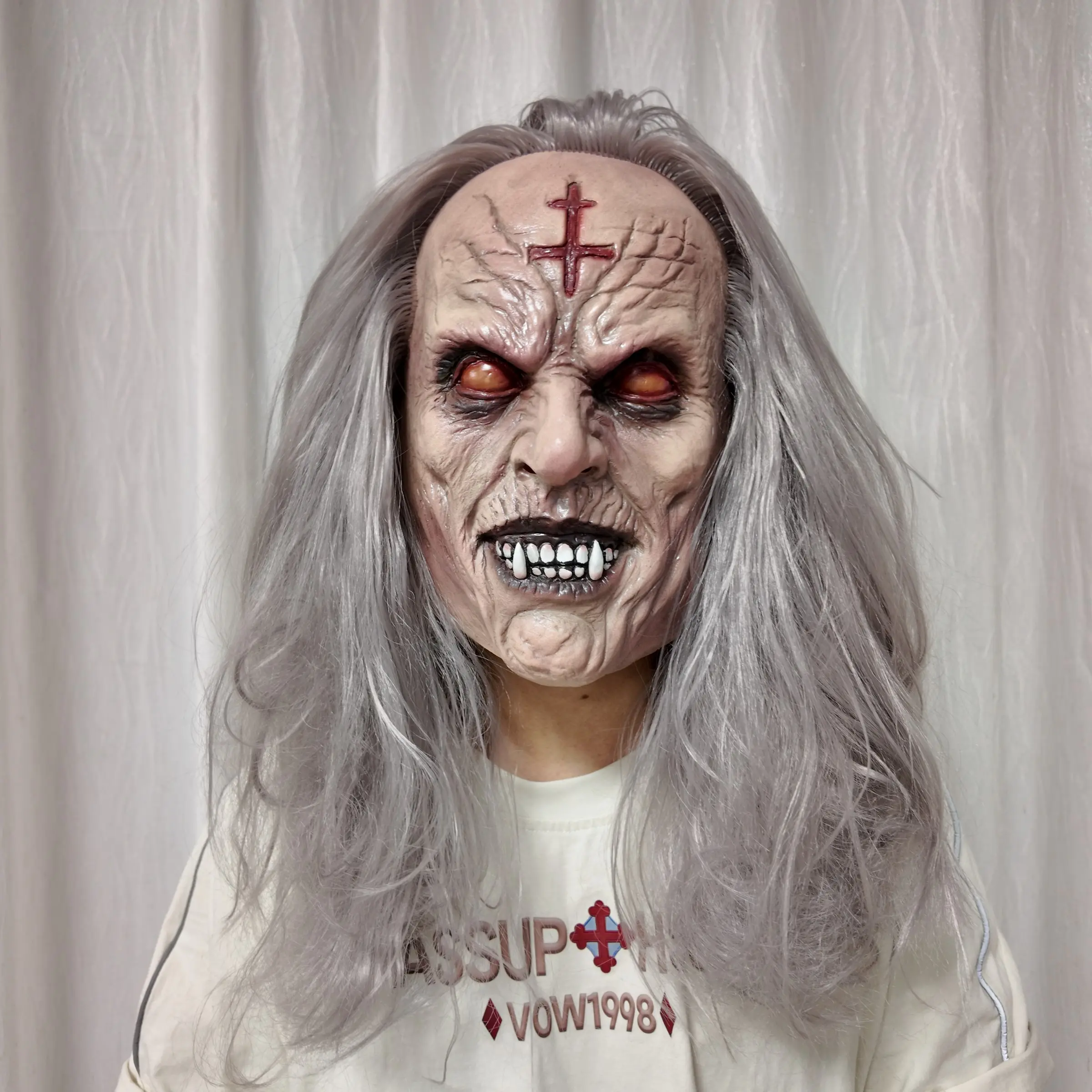 Vampire Mask with Long Hair, Scary -Eye Revenant, Bloody Cross Scar, Gothic Witch Latex Full Head Mask for Halloween, Horror Cosplay, Hyper Realistic Mask