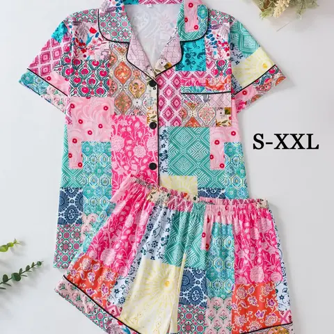 Women's Patchwork Print Shortsleeve Top & Shorts Pyjama, Comfy Short Sleeve Lapel Neck Top & Shorts Matching Pj Set, Ladies Sleepwear for All Seasons, Sleepwear Pajamas Set, Pajama Sets, Casual Sleepwear Set, Summer Loungewear, Pyjamas Set