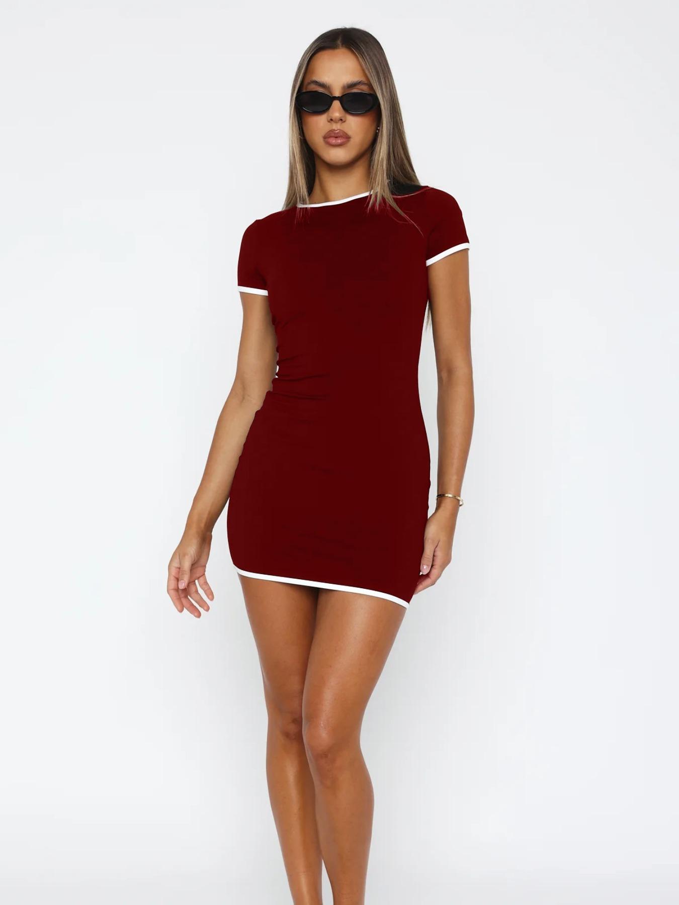 Women's Contrast Binding Round Neck Bodycon Dress, Y2K Fashion Casual Short Sleeve Mini Dress for Daily Outdoor Wear, Ladies Dress for Summer, Elegant
