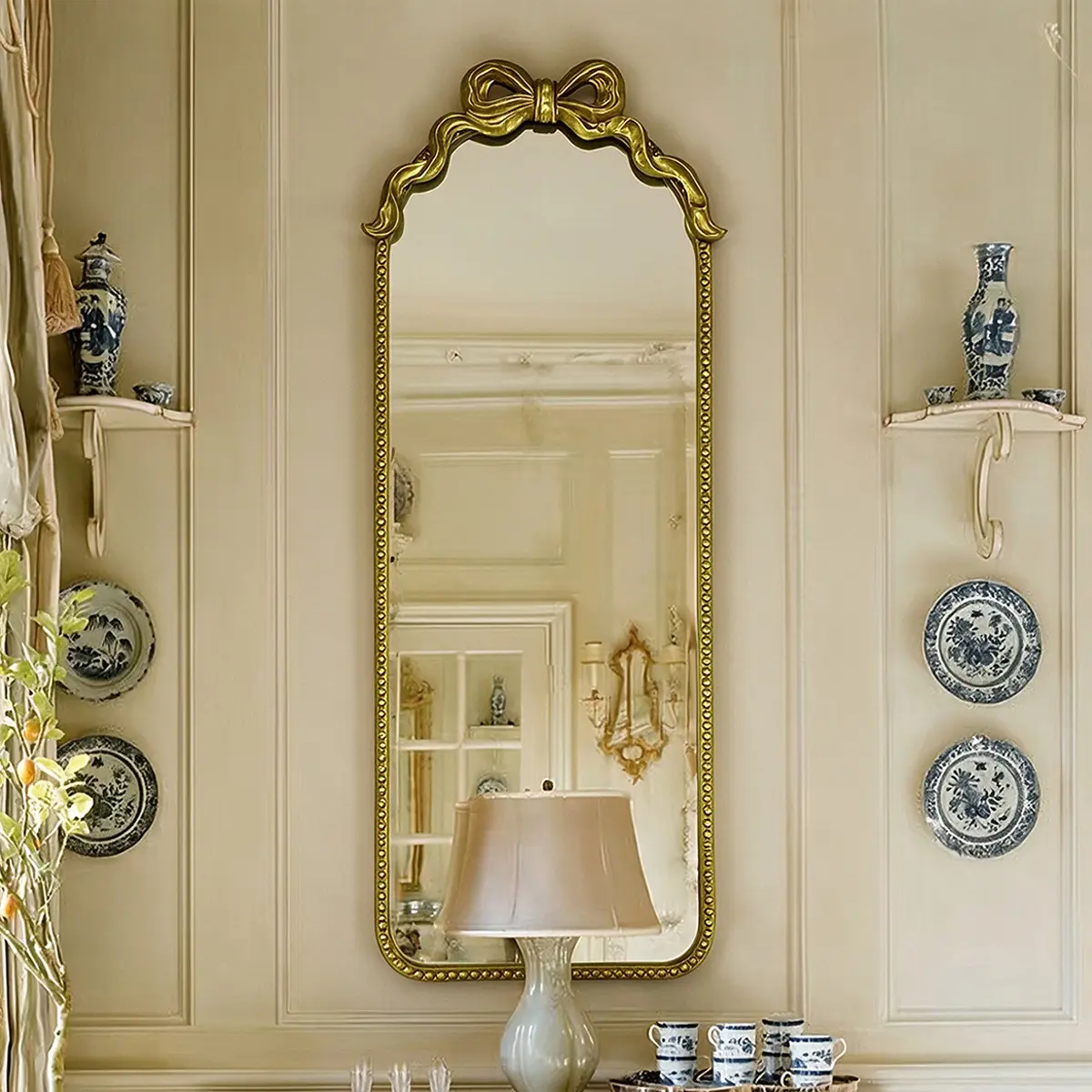 Antique Gold Rectangular Wall Mounted Full Length Mirror 23.62"L*2.17"W*61.81"H, Wrought Iron Frame with Vintage Bow Ornament, Undistorted HD Full Body Dressing Mirror, Space-Saving Decorative Mirror for Bedroom Entryway