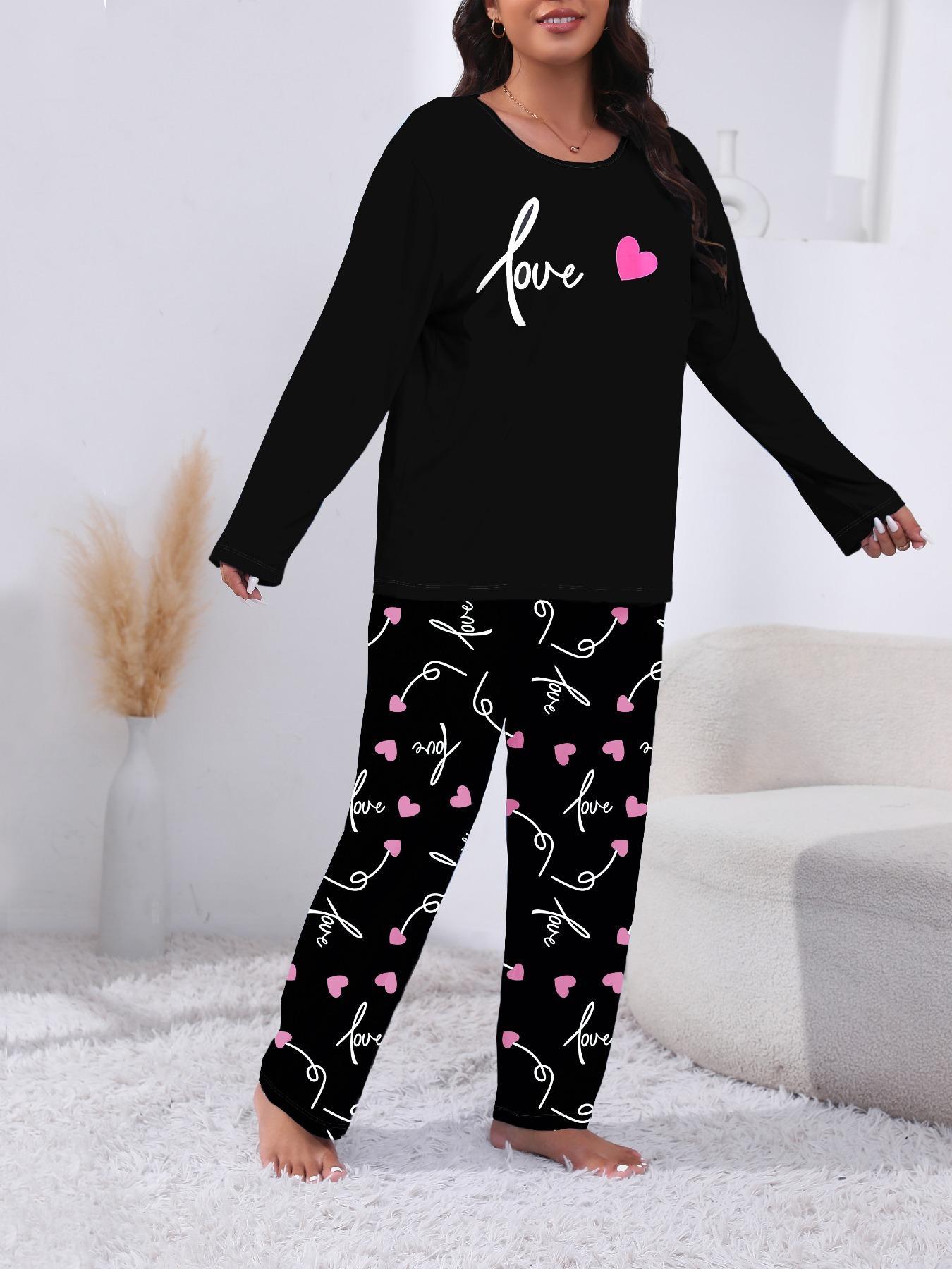 Plus Size Two-Piece Set Heart Print Tee & All Over Print Elastic Waist Pants Pyjama Set, Casual Soft Comfortable Long Sleeve Round Neck T-shirt & Trousers Loungewear Set, Women's Sleepwear for Spring & Fall