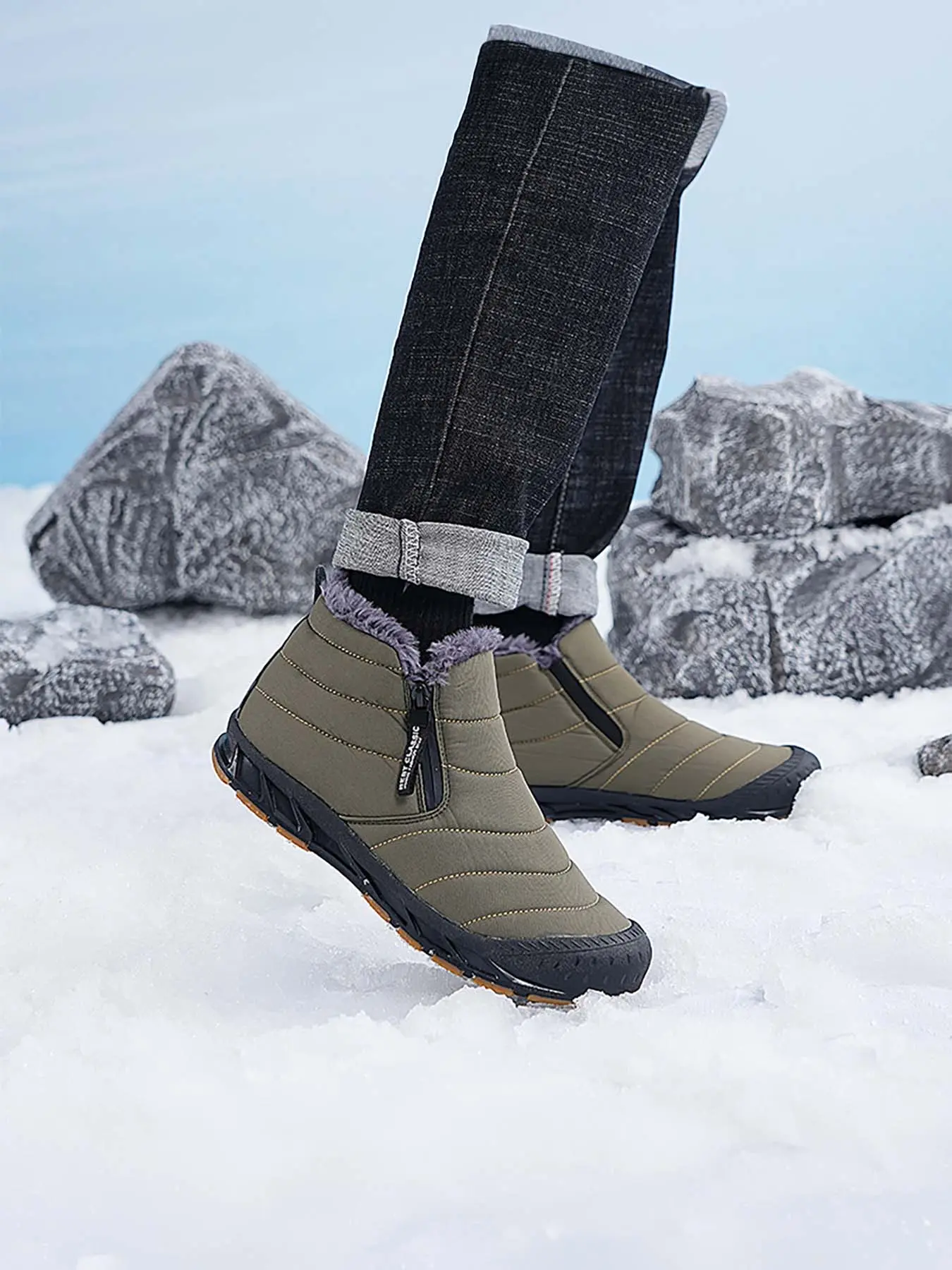 Men’s Fleece Lined Warm Barefoot Snow Boots, Wide Toe Box Zero Drop Quick Slip-On Lock Drawstring, Water Resistant Non-Slip Winter Ankle Boots for Commute & Trail Hiking