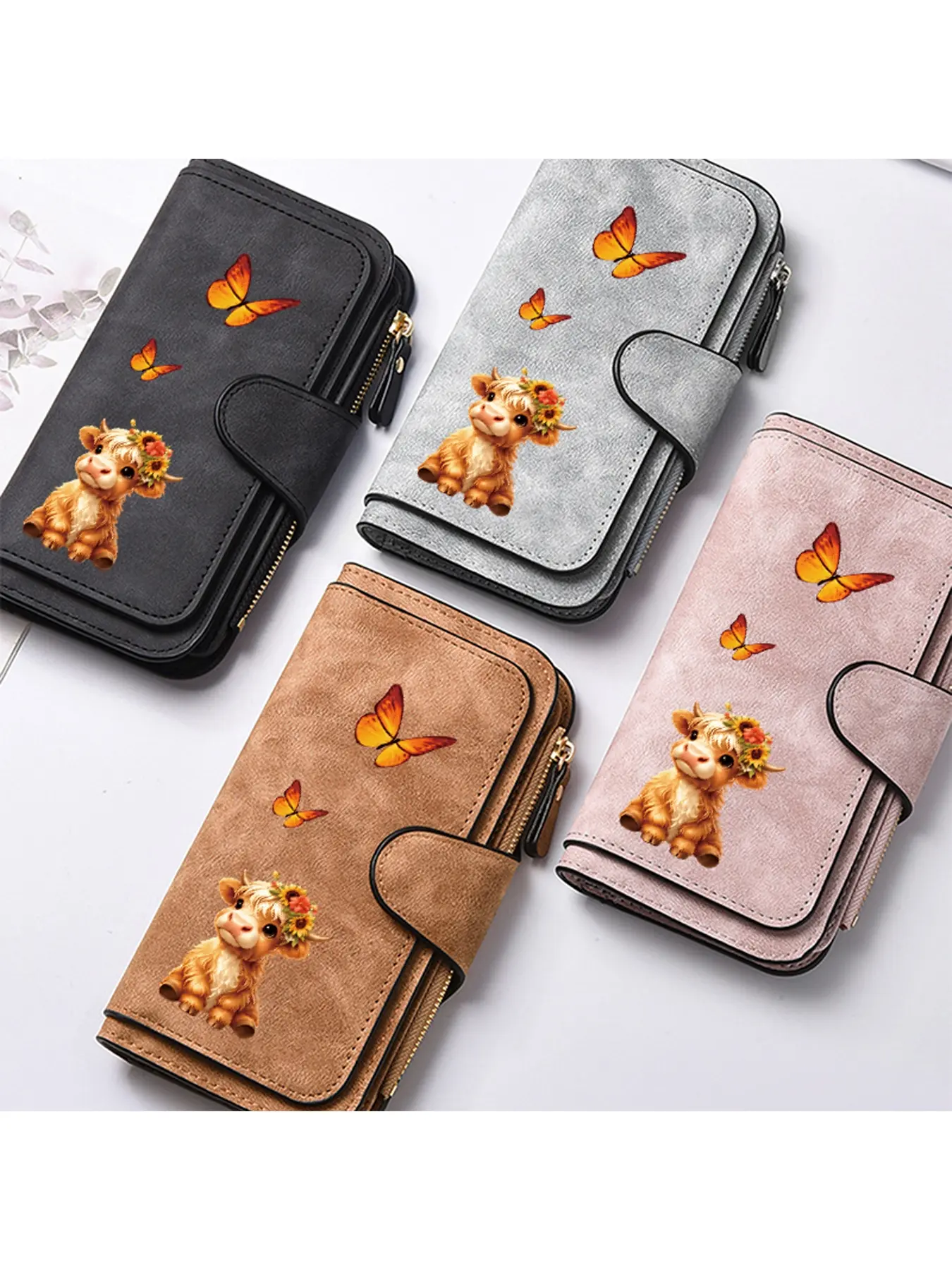 Ladies' long hand-held wallet with cute brown cow and orange butterfly pattern decoration, unique four fold, multi slot ladies' wallet, fashionable and practical, birthday gift/Halloween gift/Christmas gift