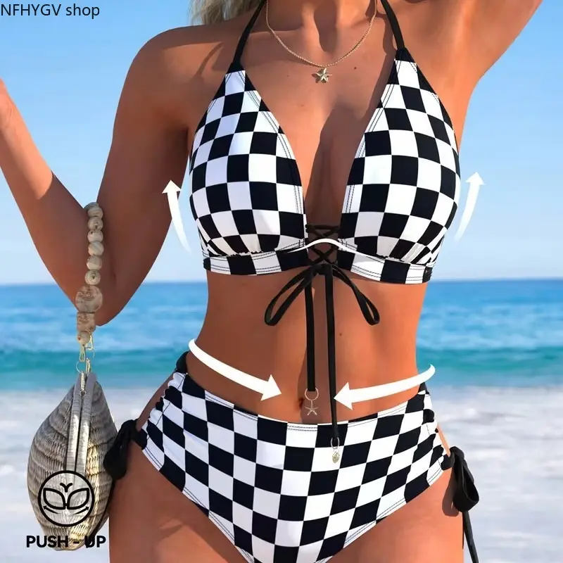Black White Checkerboard Push Up Bikini Set, Halter Front Tie Top Side Tie High Waist Swim Bottom, Two Piece Swimsuit For Women Beach Pool Summer Vacation Bathing Outfit