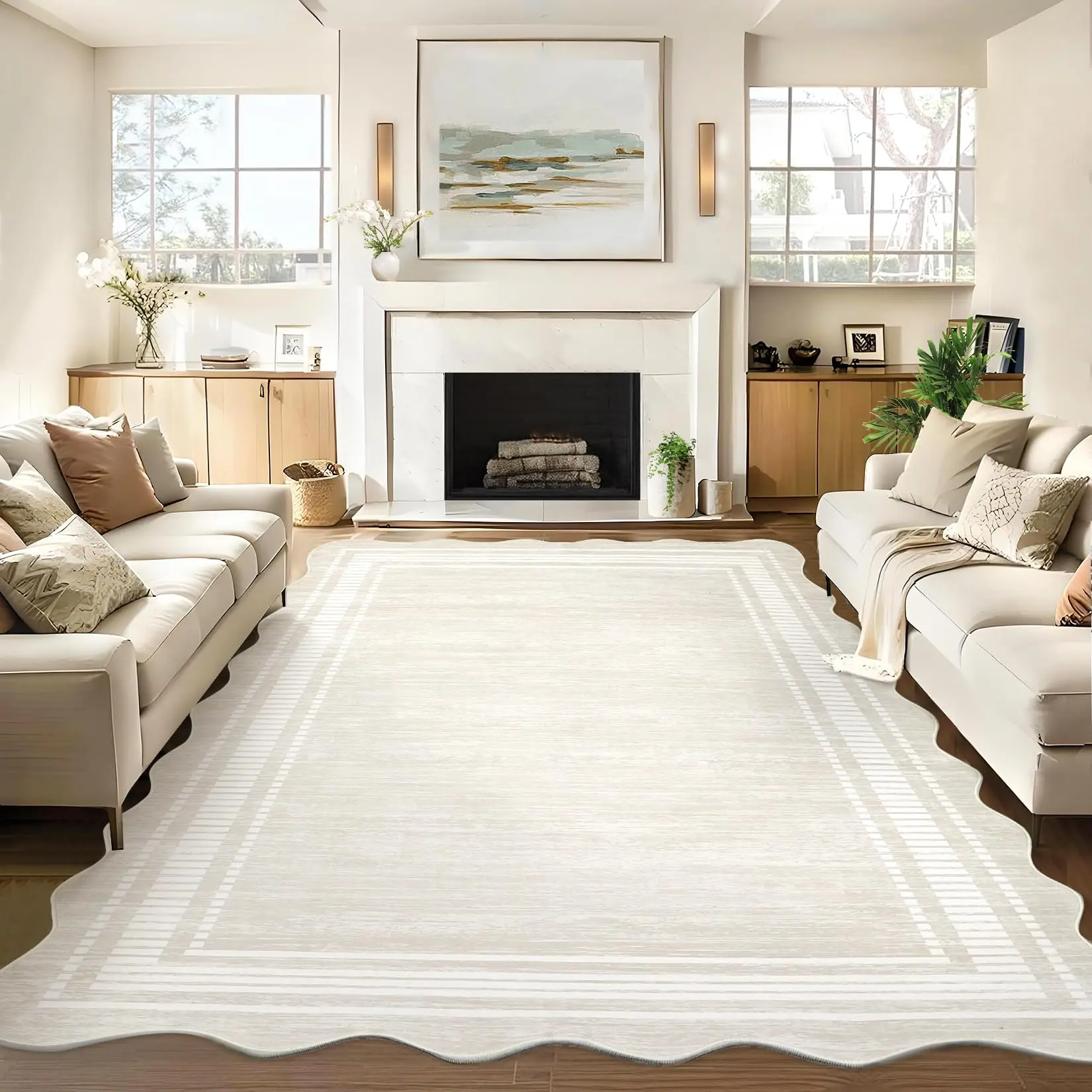 5x7 Washable Area Rug, Modern Minimalist Printed Pearl Velvet Carpet, Foldable Soft Polyester Rug for Living Room Bedroom Home Office, Ivory