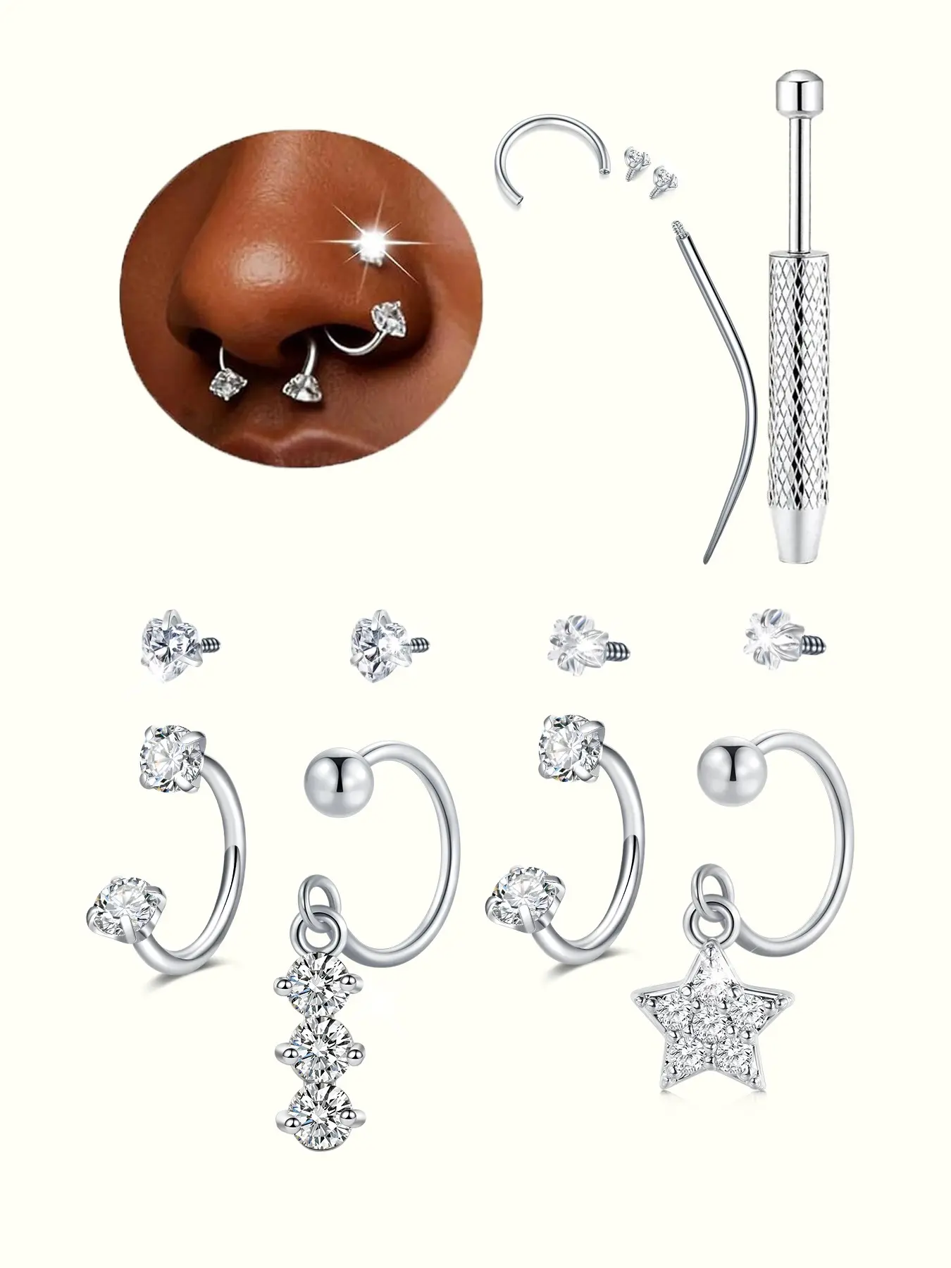 20G Surgical Steel Horseshoe Nose Rings Hoops for Women Men Internally Threaded CZ Star Linear 3-Stone Dangle Nose Ring Hoop Circular Barbell Cartilage Helix Body Jewelry Piercing Kit with Taper Grabber Tool