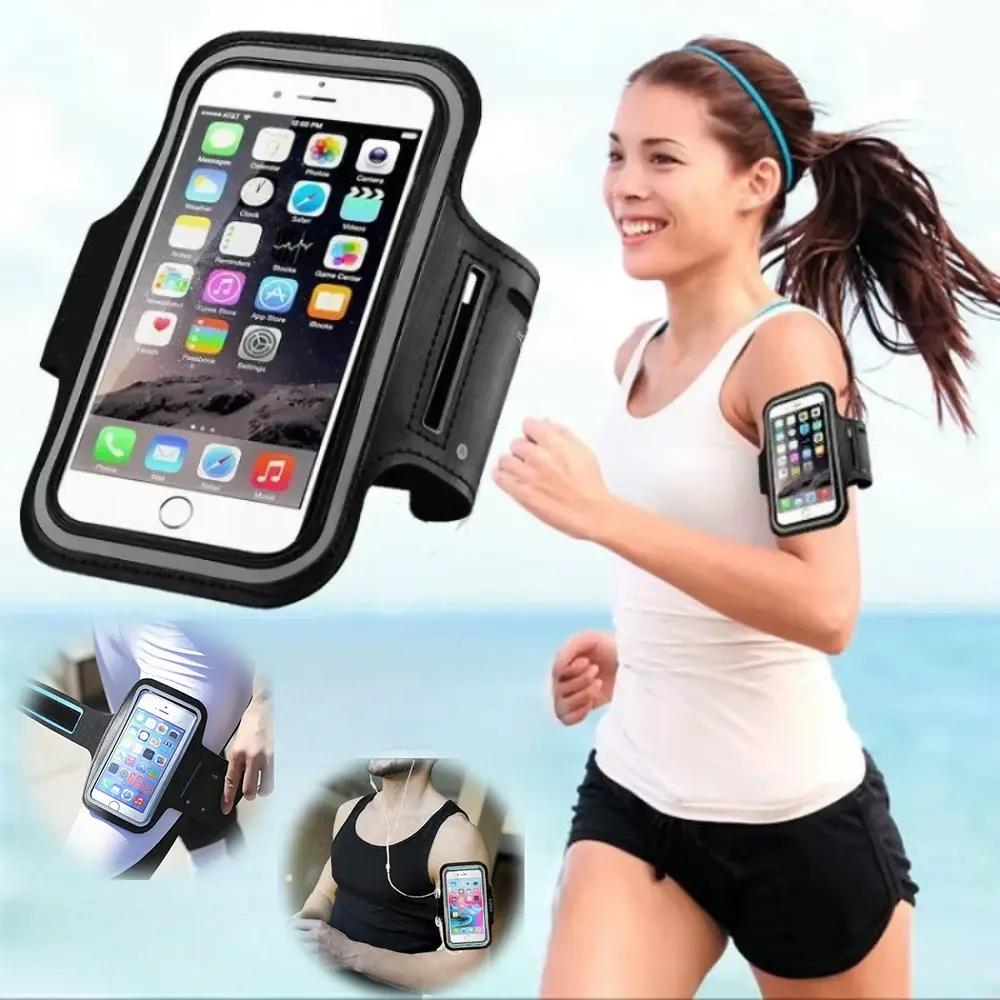 Black Adjustable Strap Phone Sport Armband - Water-Resistant, Sweatproof, with Key Holder, Compatible with iPhone for Running, Daily Use, Home Organizer Storage Accessory, Fitness