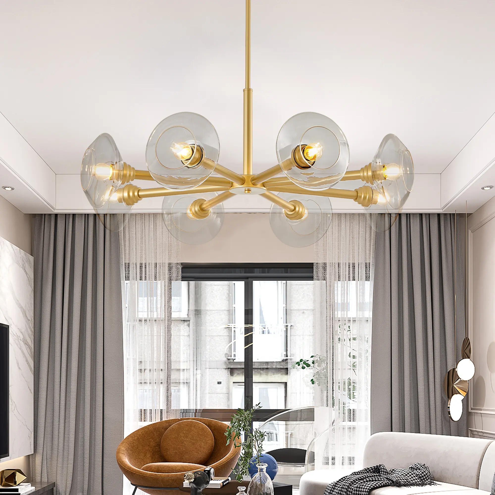 Nokaa 36-Inch Modern Gold 8-Light Sputnik Chandelier with Clear Glass Shades Mid-Century Hanging Pendant Light for Dining Room Living Room Kitchen Bedroom Iron Frame Bulbs Not Included