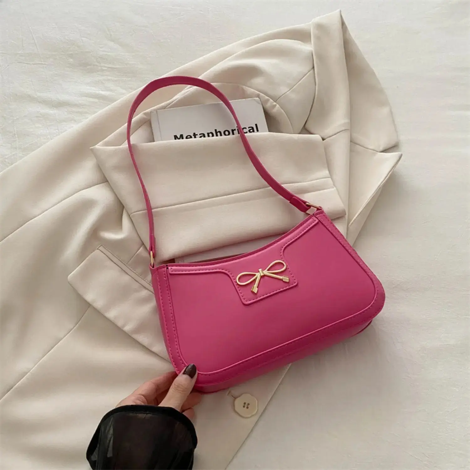 Women's Balletcore Solid Color Bow Gym-Style Shoulder Bag, Chic Ribbon Decorated PU Leather Crossbody, Versatile Commuting Purse for Daily Use, Office, Gym-Style Shoulder Bags