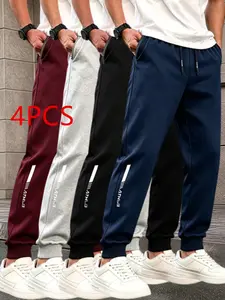 Men's All-Season Sporty Cargo Pants with Reflective Print, Elastic Waist Drawstring, Zipper Pockets, Streetwear Style Sportswear