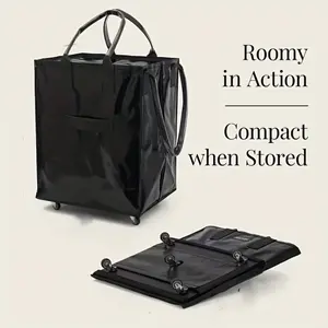 Folds Flat Reusable Grocery Bag on Wheels, Waterproof Storage Bag, Rolling Tote, Zipper Closure, Lightweight, Carries Up to 90 Lbs