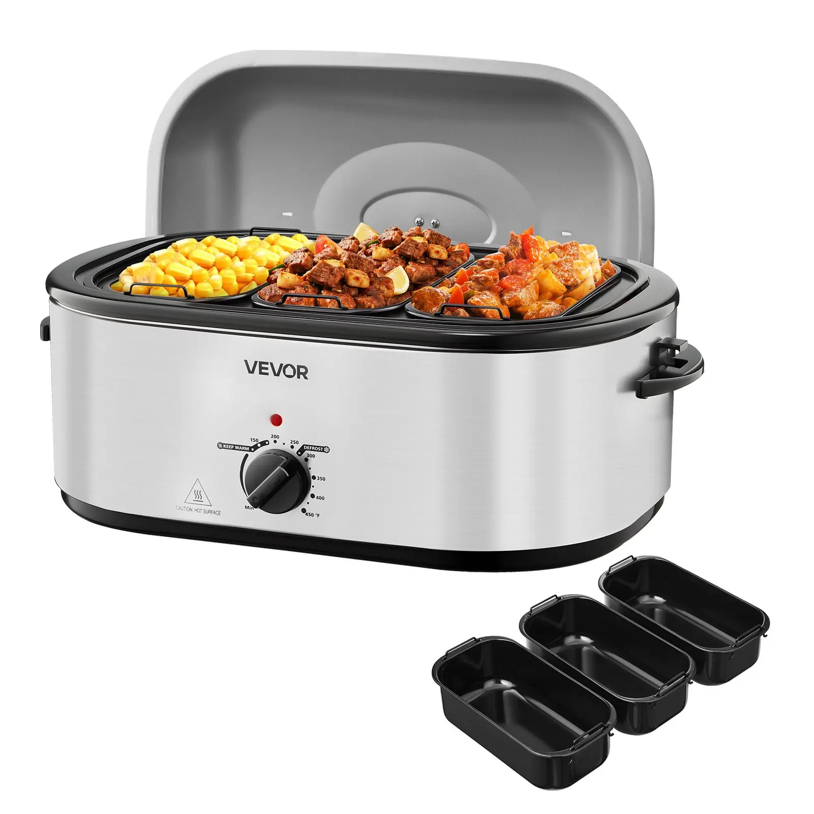 VEVOR Roaster Oven, 24QT Electric Turkey Roaster Oven, 150-450 Adjustable Temperature Electric Roasting Pan with 3 Bin Buffet Server, Self-Basting Lid, Defrost Warm Function, Self-Basting Lid