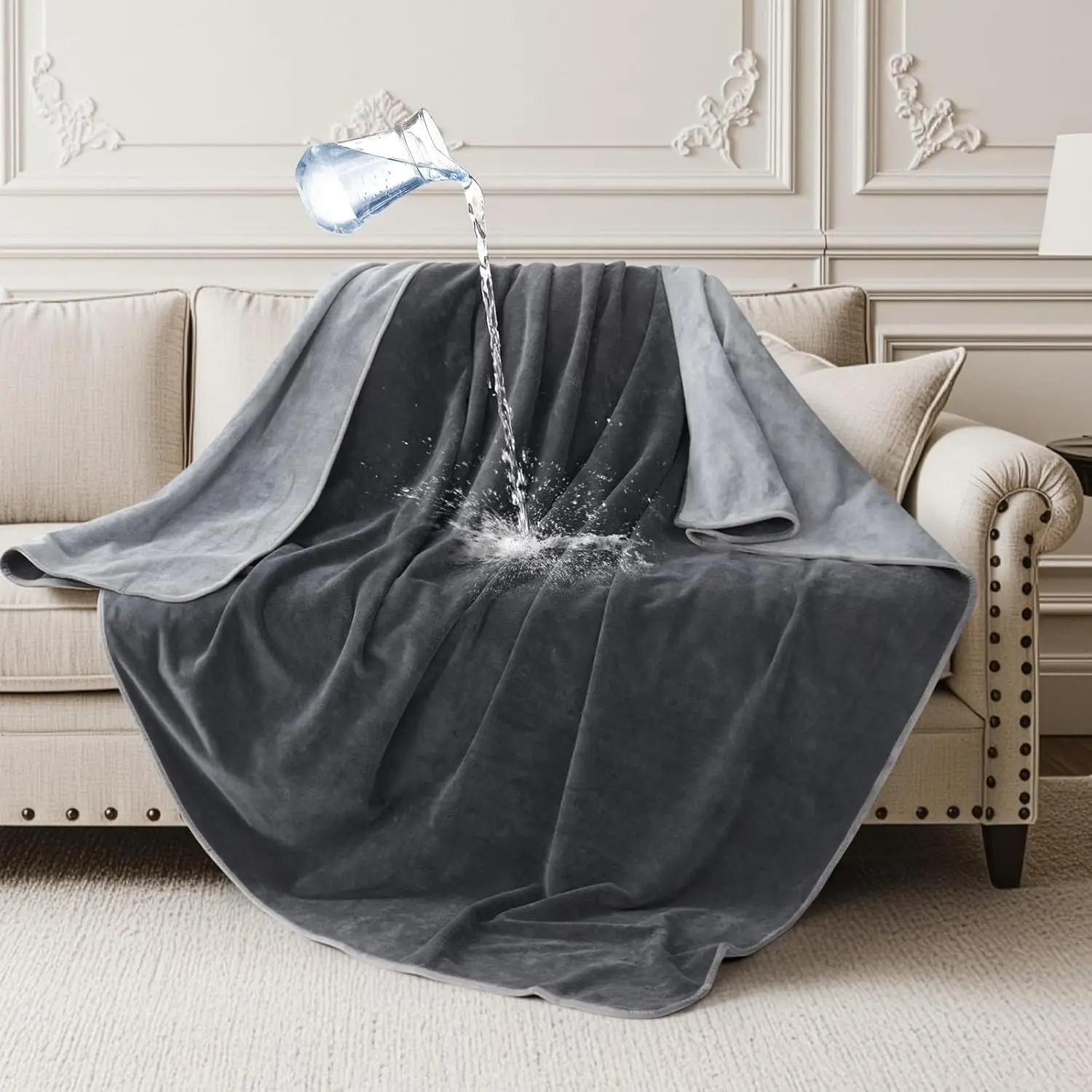 Blanket for Couch, Reversible Leakproof Throw 40"x60" |   Blanket for  Accidents, Soft Flannel & Coral Fleece Sofa Blanket, Stain-Proof for Bed Cover, Travel, Grey