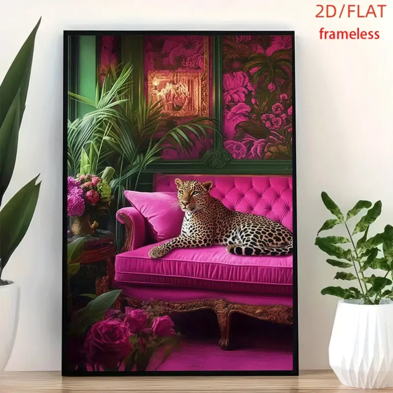 framelessLeopard On Pink Sofa Tropical Vibe Art Decor Print Poster, Wall Art for Living Room, Bedroom, Office, Dining Room & Bar, Perfect Gift & Home Decor, 12in x 16in