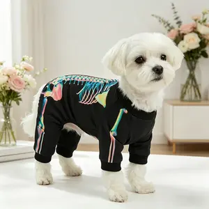 Pet Dog Skeleton Onesie, Colorful Gradient Skull Print Black Four-Legged Pajamas, Soft Comfort Pet Costume, Suitable for Small/Medium-Sized Dogs and Cats, Spooky Party & Daily Wear Apparel