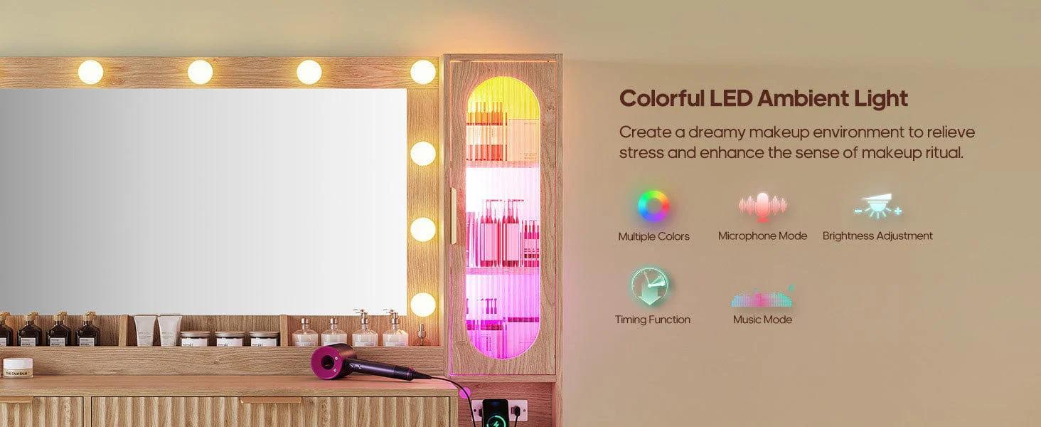 Fluted Makeup Vanity with Charging Station and RGB Lights Oak