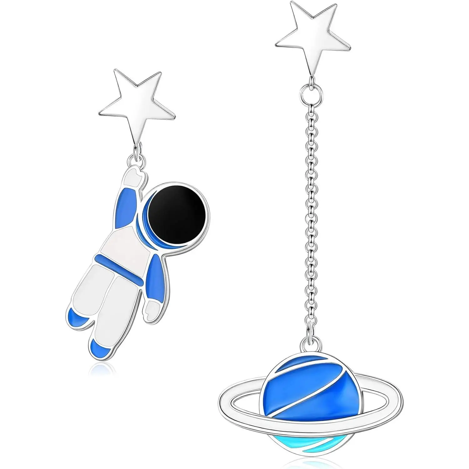 925 Sterling Silver Astronaut Earrings Spaceman Planet Star Earring Jewelry Cute Asymmetric Dangle Earring