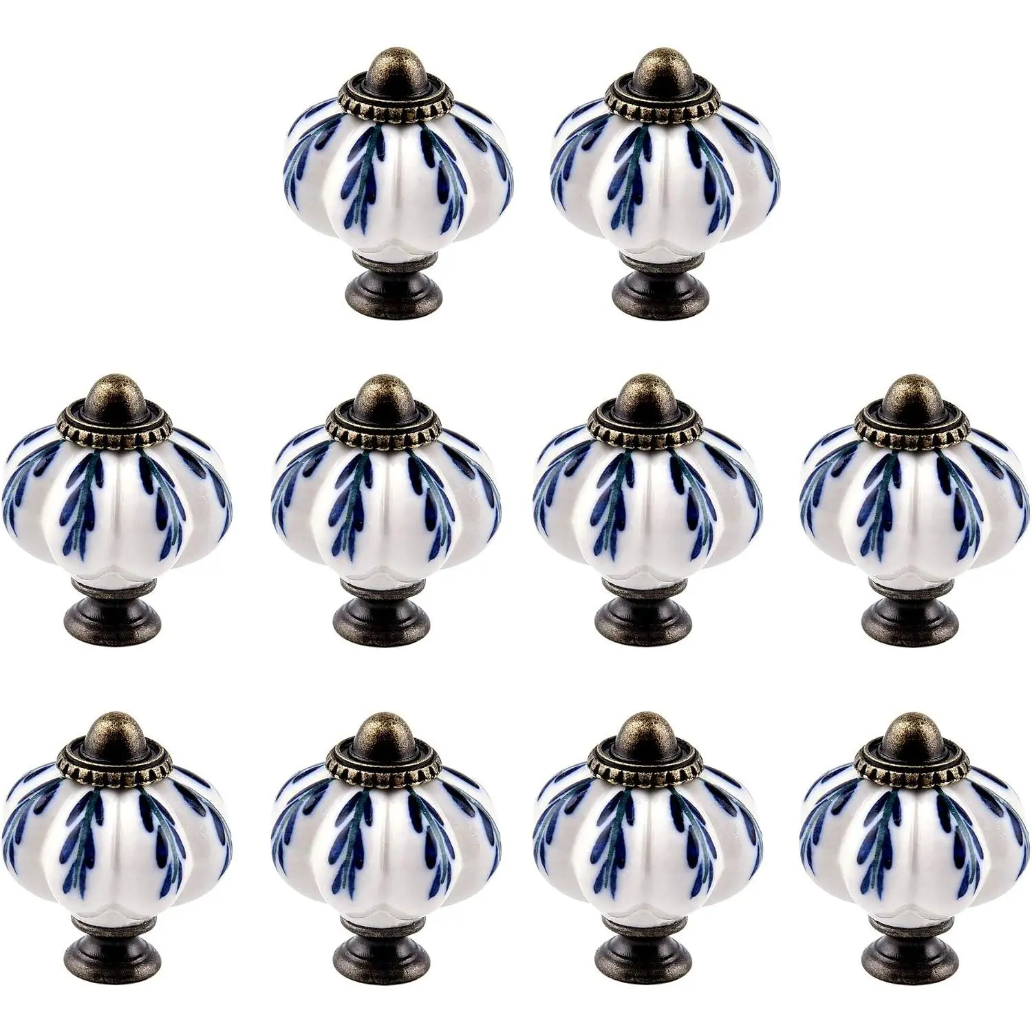 10 count Pumpkin Ceramic Drawer Knobs, Dresser Knobs  Door Pull Handles Retro Antique Floral Leaf  for Furniture Drawer Dresser Cabinet with Screws (White/Blue)