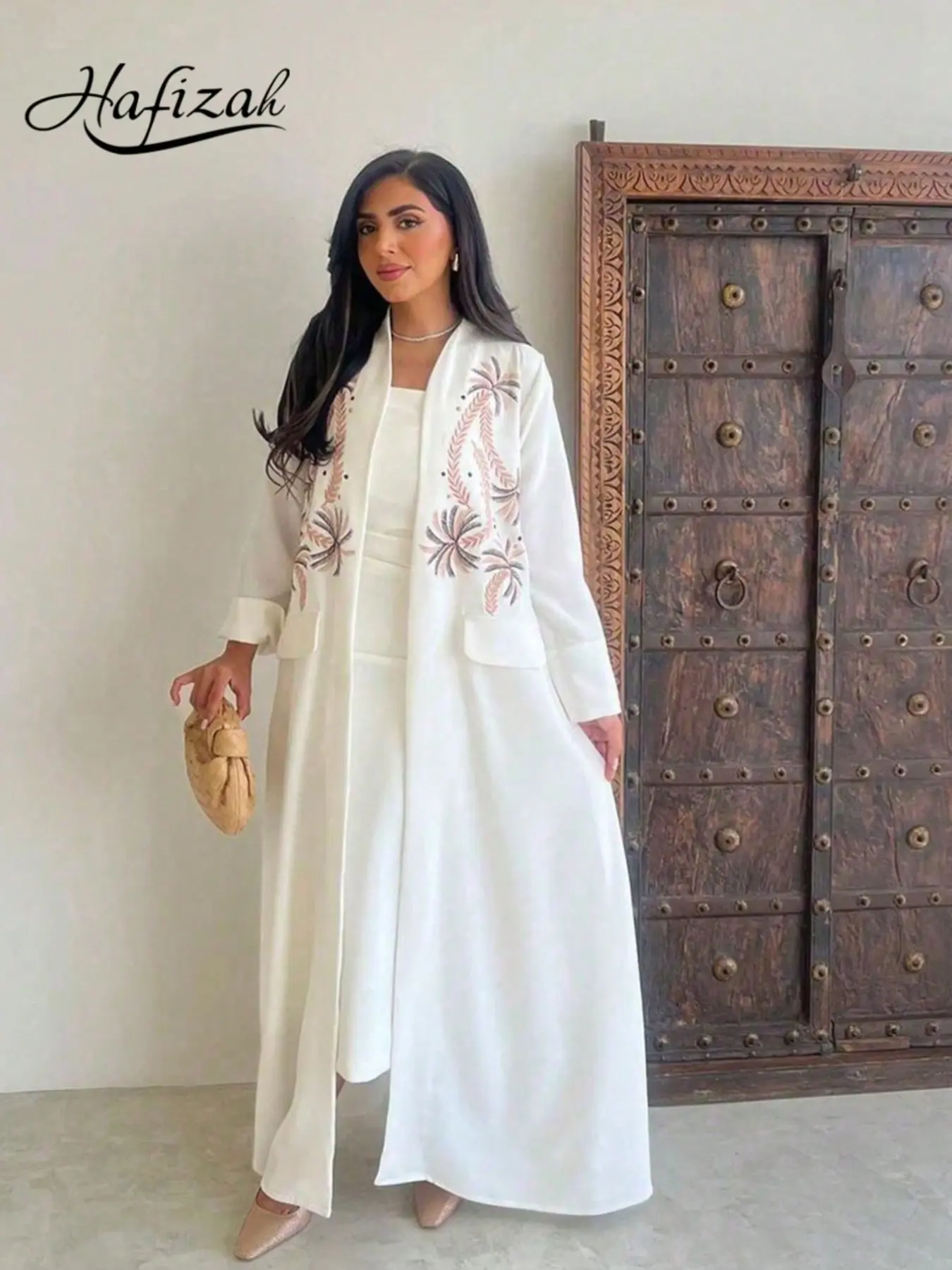 Hafizah Modest Fashion Women's Embroidered Outerwear, Long Sleeve, Elegant Long Dress, Loose-Fitting, Oversized, All Seasons, Plain Surface, Unlined, Embroidery, Womenswear