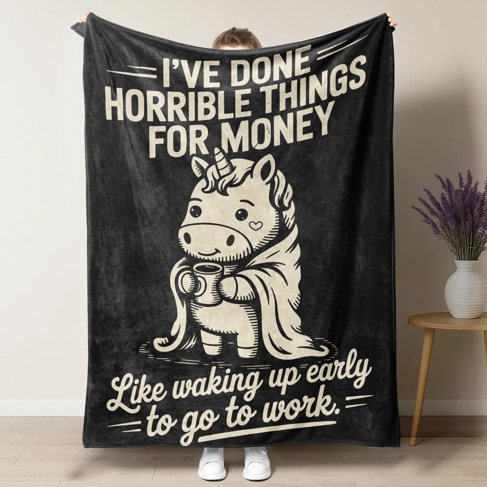 Graphic Throw Blanket - 100% Polyester Soft Touch Home Decor Blanket, 'I've Done Horrible Things For Money Like Waking Up Early To Go To Work' Sarcastic Unicorn Throw, Home/Office Gag Gift for Coworker