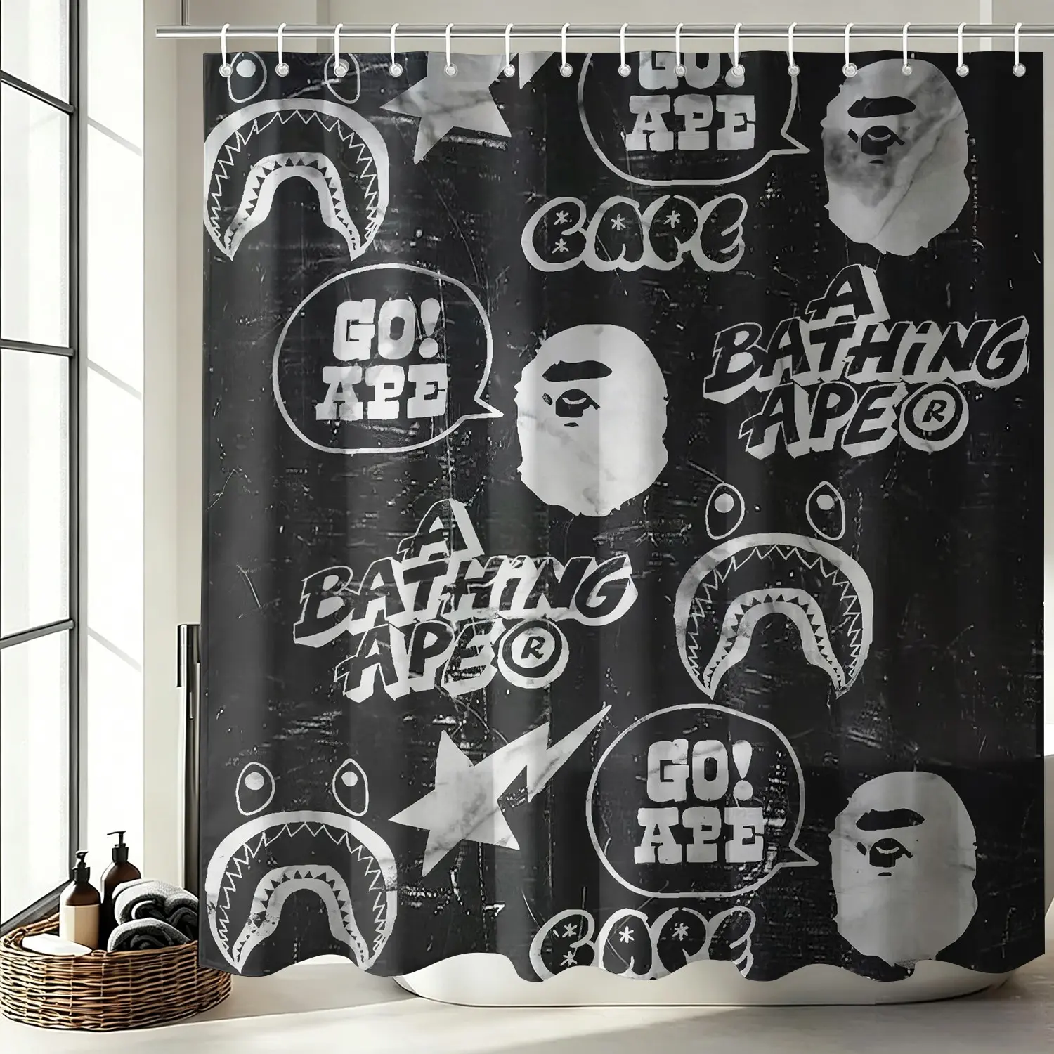Black White Distressed Cartoon Ape Shark Mouth Streetwear Shower Curtain-Waterproof Anti-Mold Oxford Fabric 72 Inch 12 Hooks-No-Drill Easy Install Privacy Bath Curtain-Home/Dorm/Gaming Room Bathroom Decor