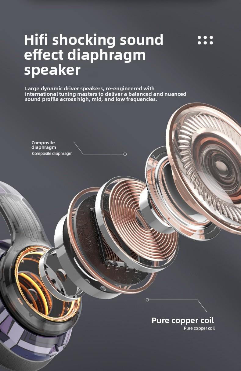 Luminous wireless over-ear Bluetooth headphones with SD card slot, noise cancellation, suitable for gaming and mobile phones.