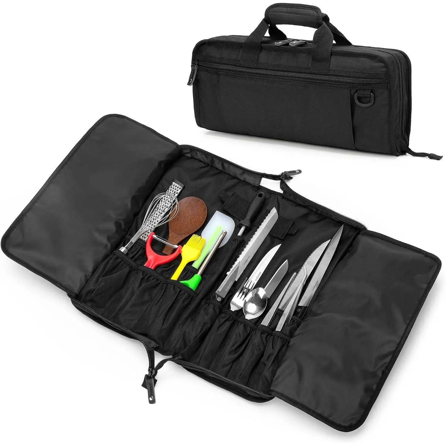 Chef Knife Bag with Lockhole & 17 + 6 Slots, up to 17.5 In, Bag Only | Knife Carrying Case for Kitchen Utensils, PVC Net Clamping Cloth Pocket, for Professional Cook, Caterer, Pastry, Fishmonger