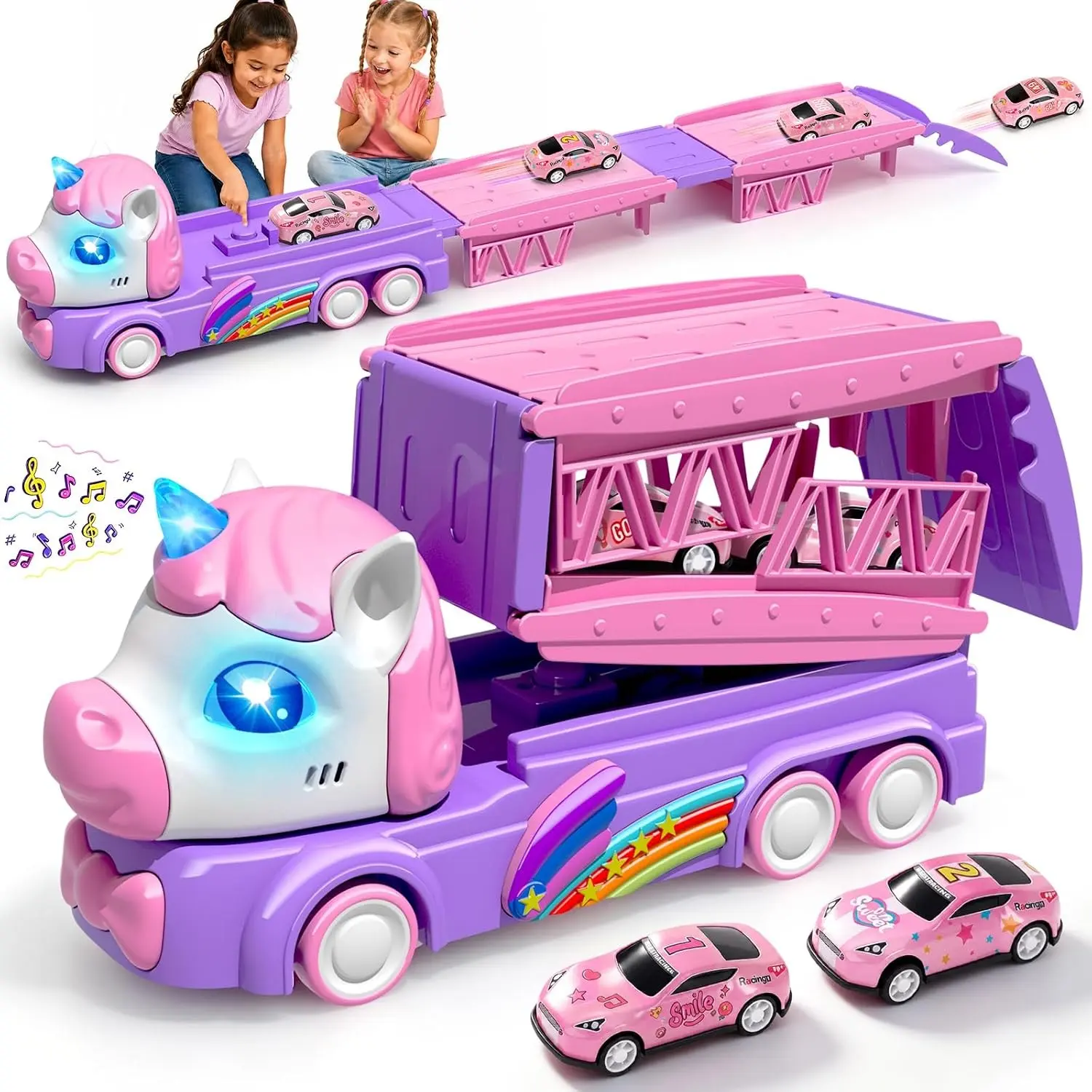 Unicorn Transforming Track Truck, Expandable Runway with Sound Light and Bounce, Includes 4 Alloy Cars, Car for Toddler, Perfect Gift for Kids over 3 Years