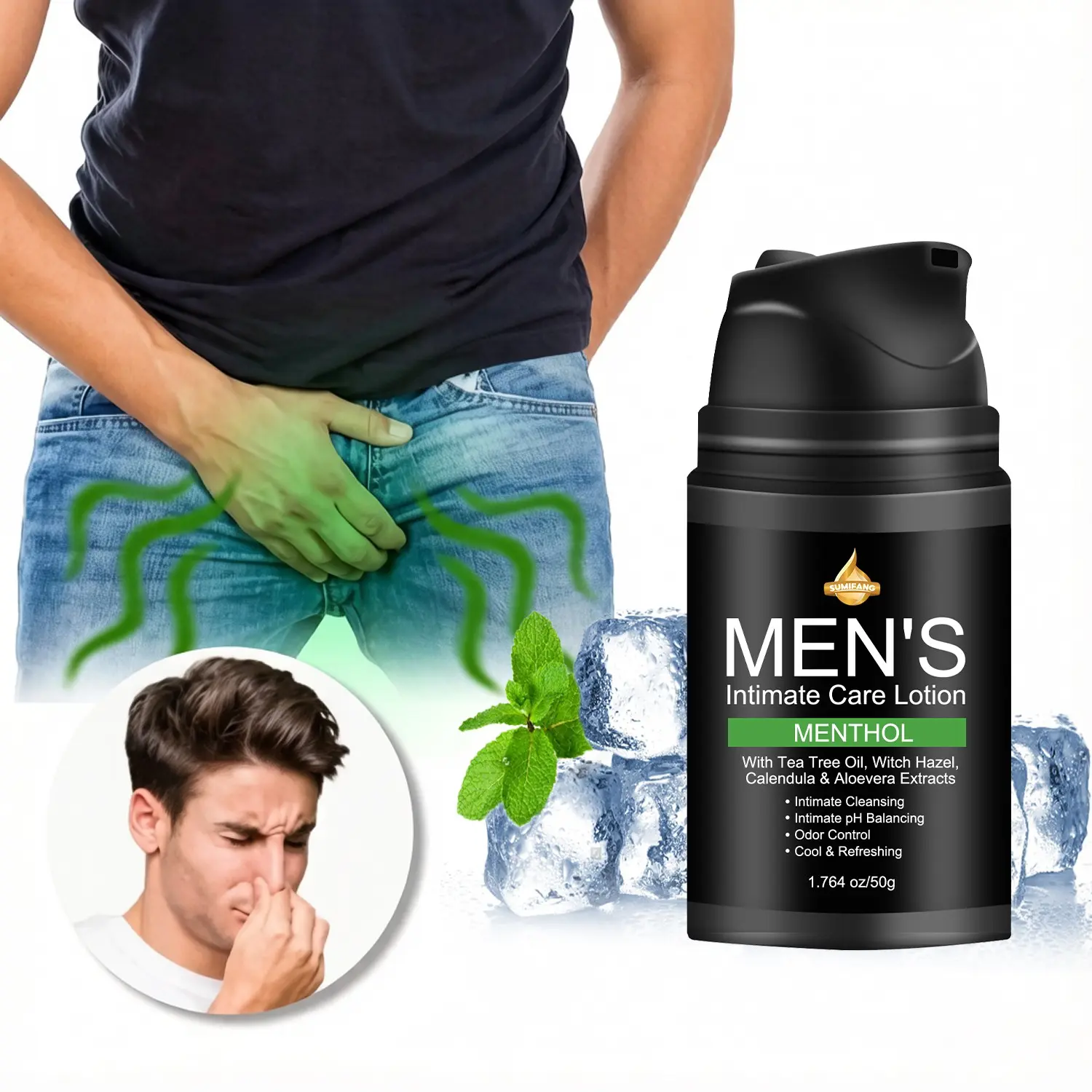 Men's Mint Refreshing Body Care Lotion, Contains Tea Tree Oil, Gentle No Irritation, Moisturizing, Daily Care, Body Care Product, 50g, Natural Ingredients