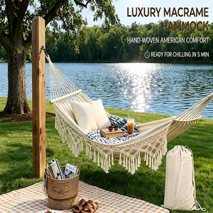 Large-width and thickened canvas fringed hammock, a luxury, thickened and widened rocking hammock for two people, including two wooden sticks and thickened ropes for tying.Suitable for camping, hiking, outdoor activities, wedding and decorations.A stora