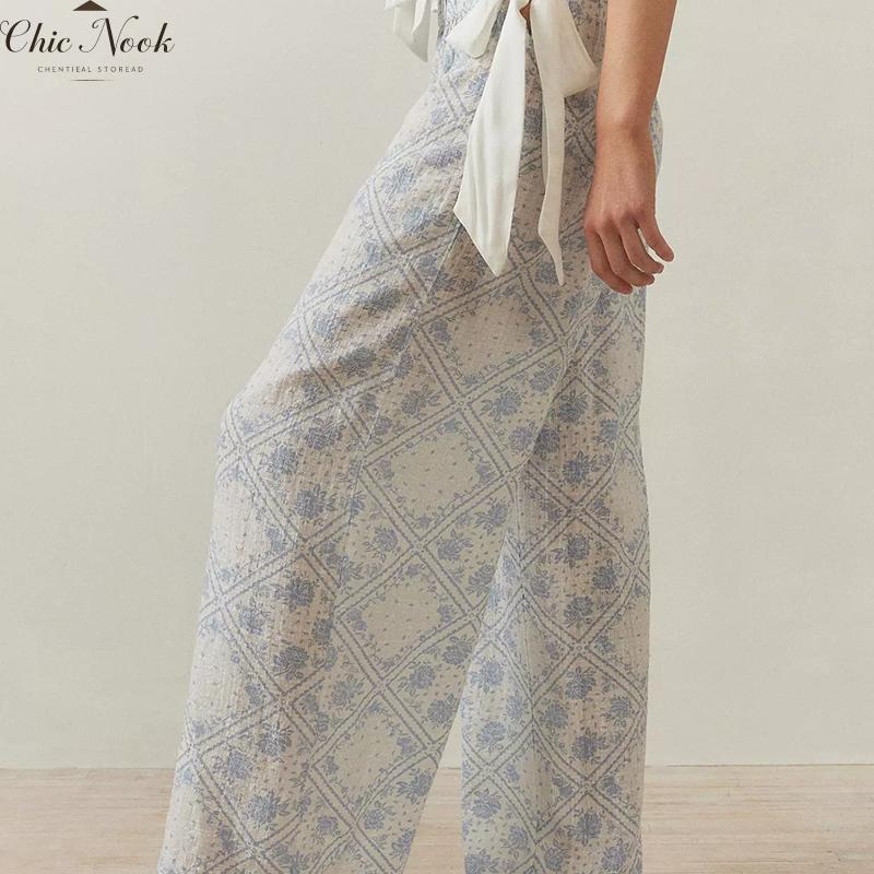 Women Tie Up Pajamas Lounge Set Y2k Floral Tops and Wide-Leg Pants 2 Piece Loungewear Outfits