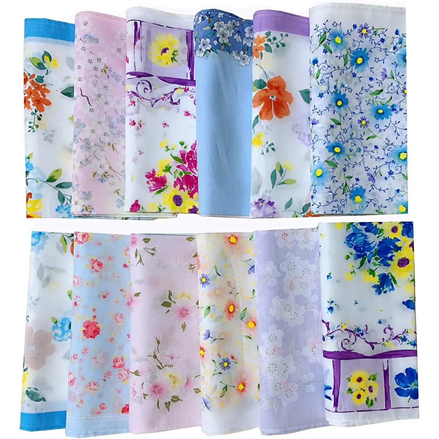 Women's Floral Square Cotton Handkerchief Set - 100% Cotton, 12x12 in, Machine Washable, Multi-Size Wedding Hankies for Women