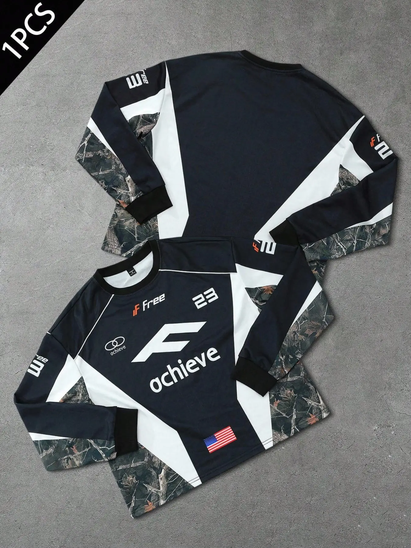 Vintage Y2K Motocross Long Sleeve Jersey | Camo Patchwork Biker Top with "Achieve 23" & American Flag Graphic | Oversized Baggy Street Racing Shirt for Men's Skate, Streetwear & Sportswear