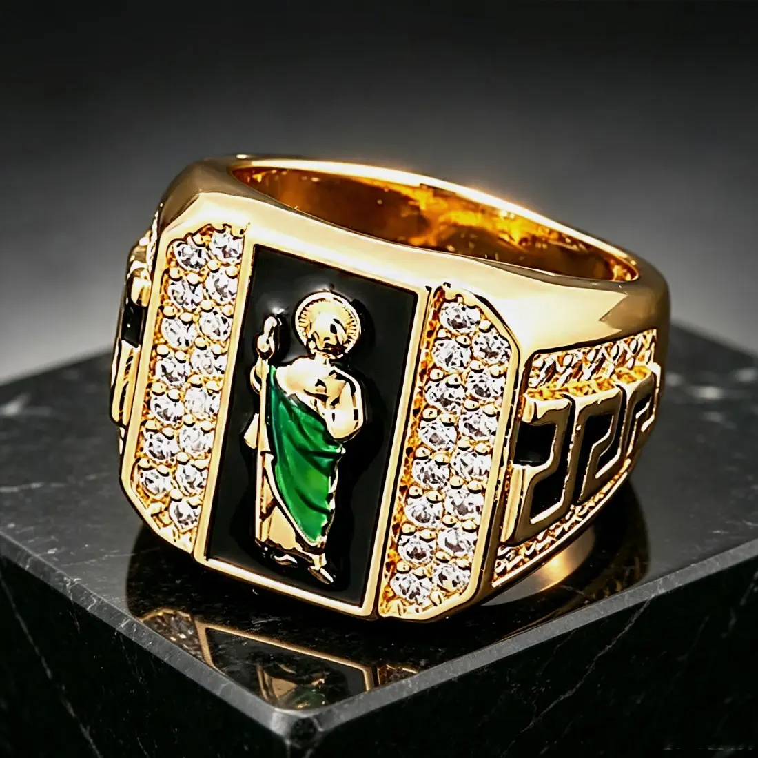 St. Jude Ring, Saint Jude San Judas CZ Statement Ring for Men & Women, Hip Hop Inspired Copper Ring with Zircon Accents, Bold Religious Jewelry Accessory for Everyday Wear, Parties & Streetwear