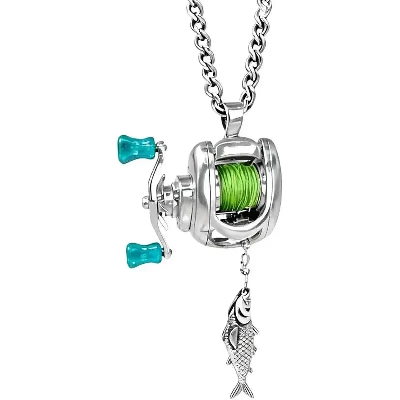 Men's Tactile Interactive Artistry Mini Fishing Reel Necklace - Decorative, Functional Rotating, Real Moving Line Guide Pendant for Fishermen, Funky Unique Men's Accessories, Cool Mens Gifts for Guys (Sports & Outdoor Accessories)